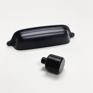 Matte Black Farmhouse Cup Pull & Modern Bar Knob.