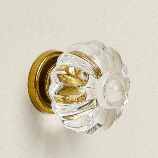 Flower "Llely" Clear Lucite w/Antique Brass Base Drawer Cabinet Knob, Lucite Acrylic Glass Cabinet Hardware