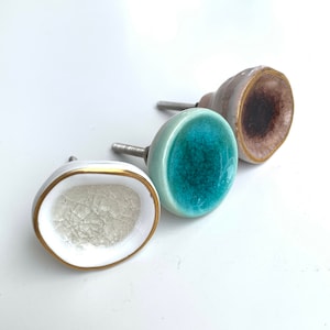 Ceramic Pretty Glass with Gold Line Detail Crackle Knob White, Blue, Taupe Colors, Modern Cabinet Hardware Farmhouse