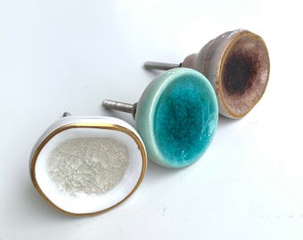 Crackle Ceramic Knob Gold Line Detail, Modern Cabinet Hardware