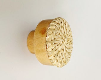 Round Wood and Cream Color Rattan "Sasha" Round Cabinet Knob