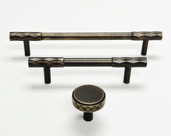 Brushed Bronze Diamond Knurled Cabinet & Drawer Knob and Pulls, Kitchen Cabinet Hardware.