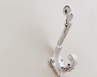 Wall Hook Distressed Antique White Metal, Farmhouse Decor Hardware