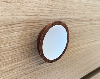 Walnut Wood Cabinet Knob White Center Round Drawer Pull