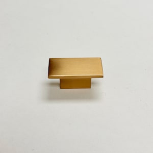May include: A brushed gold cabinet knob with a rectangular shape.