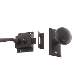 May include: A black door latch set with a lever handle and a round knob. The set includes a strike plate and a latch.