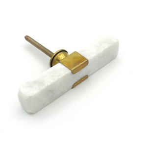 T- Knob Brass and White Marble Cabinet Knob "Rectangle", Modern Cabinet Hardware Farmhouse Drawer Pull