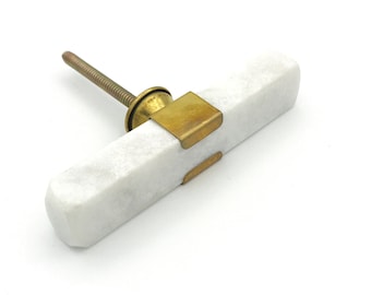T- Knob Brass and White Marble Cabinet Knob &quot;Rectangle&quot;, Modern Cabinet Hardware Farmhouse Drawer Pull
