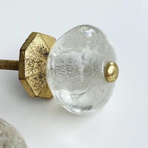 Crackle Glass Brass Cabinet Knobs, Glass Drawer Hardware, Gold Drawer
