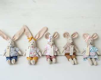 Cute mice and bunnies, eco-friendly toys, dollhouse mice, baby's first soft toys, handmade stuffed toys, mouse in clothes, bunny in clothes