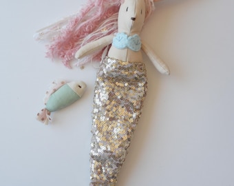 Mermaid Bunny Doll with Removable Tail, Handmade Mermaid, Pink Hair Bunny, Ocean Decor, Fantasy Gift