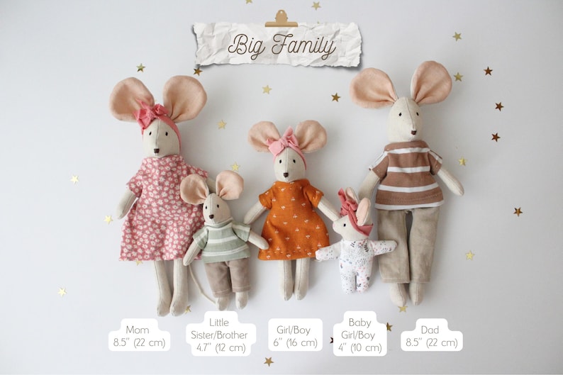 May include: A family of five handmade mouse dolls, each with large ears and dressed in various outfits. The dolls are arranged on a white background with gold star accents. The banner above reads "Big Family".