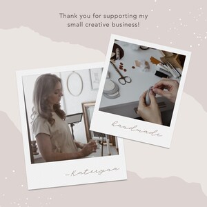 May include: A light beige background with two polaroid-style photos. One photo shows a person working on a craft project. The other photo shows a person. Text reads "Thank you for supporting my small creative business!" and "handmade".