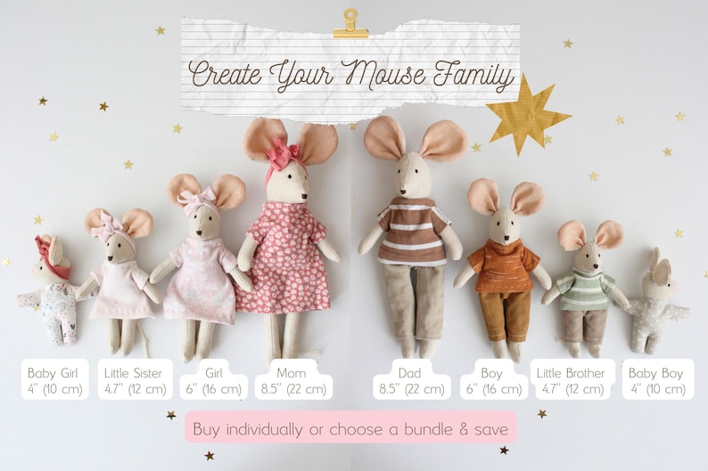 May include: A collection of handmade mouse dolls, each with unique outfits and sizes ranging from 4 to 8.5 inches. The dolls include a baby girl, little sister, girl, mom, dad, boy, little brother, and baby boy. The text "Create Your Mouse Family" is at the top.