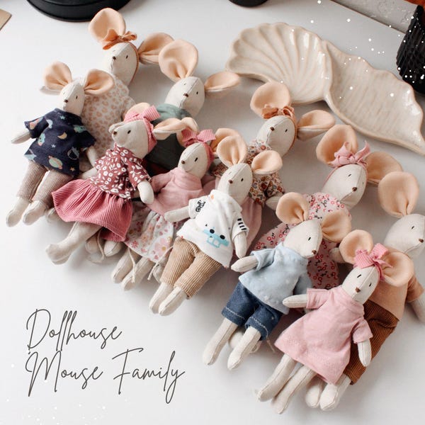 Decorative Linen Mouse Family, Handmade Textile Interior Decor, Shelf Decoration Miniature Mice
