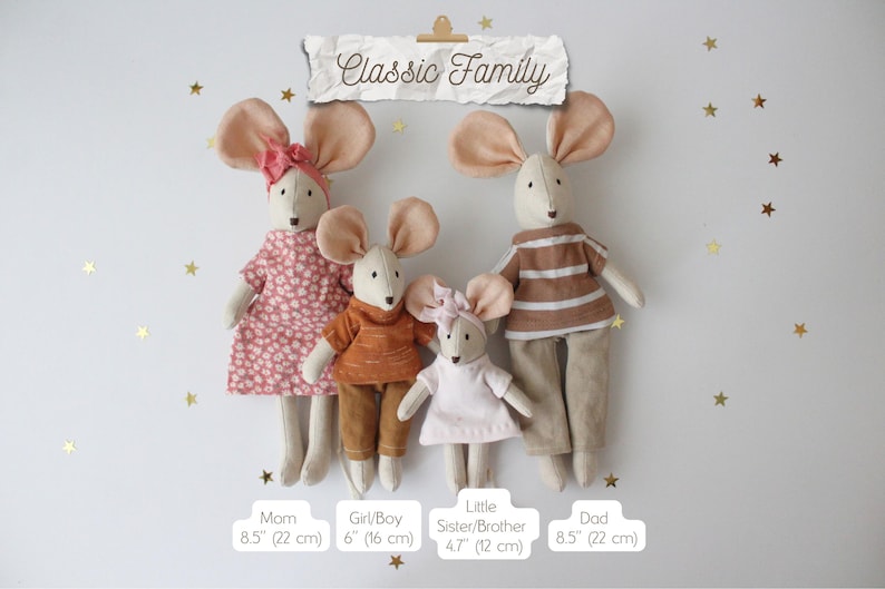 May include: A family of four mouse dolls, each with large ears and dressed in various outfits. The dolls are labeled "Mom" and "Dad" at 8.5 inches (22 cm) tall, "Girl/Boy" at 6 inches (16 cm), and "Little Sister/Brother" at 4.7 inches (12 cm). The text "Classic Family" is at the top.