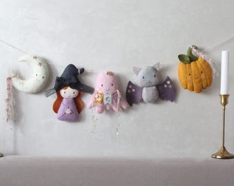 Pastel Halloween Felt Garland: Witch, Ghost, Pumpkin, Bat & Moon