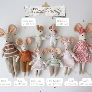 Decorative Linen Mouse Family, Handmade Textile Interior Decor, Shelf Decoration Miniature Mice MAXI FAMILY