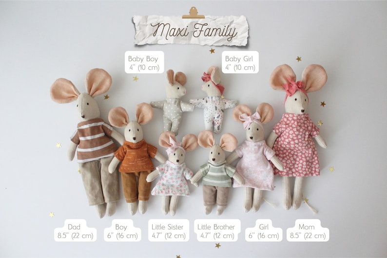 Decorative Linen Mouse Family, Handmade Textile Interior Decor, Shelf Decoration Miniature Mice MAXI FAMILY