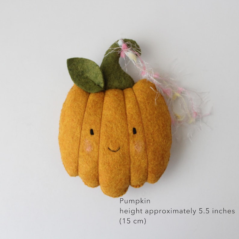 May include: A handmade felt pumpkin with a smiling face, green stem, and leaf. The pumpkin is orange with black eyes and a curved mouth. The height is approximately 5.5 inches (15 cm).