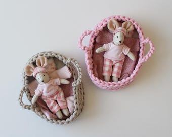 Sleeping Mouse in Knitted Basket, Handmade Mouse Doll with Bedding Set, Mouse in Pajamas, Soft Toy Gift, Nursery Decor, Pretend Play Toy