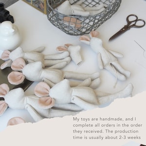 May include: Handmade fabric mouse toys in various stages of completion, with pink ears and a light beige body. Some mice are lying down, while others are in a wire basket. A pair of scissors and text are also visible.