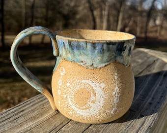 Celestial Sun and Moon Pottery Mug 12 oz.