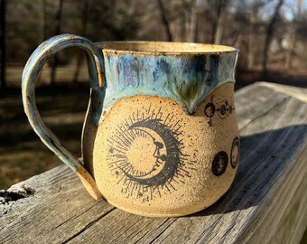 Celestial Sun and Moon Pottery Mug 15 oz.