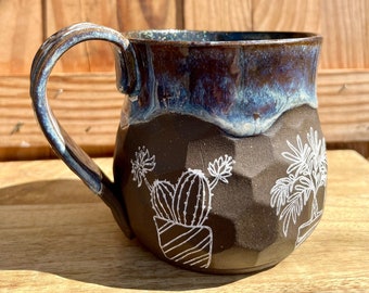 Blue Carved Plant Lovers Pottery Mug 13.5 oz.
