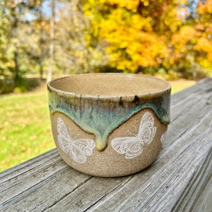 Turquoise Mint Bowl Butterfly Pottery Bowl 14.5 oz image 1