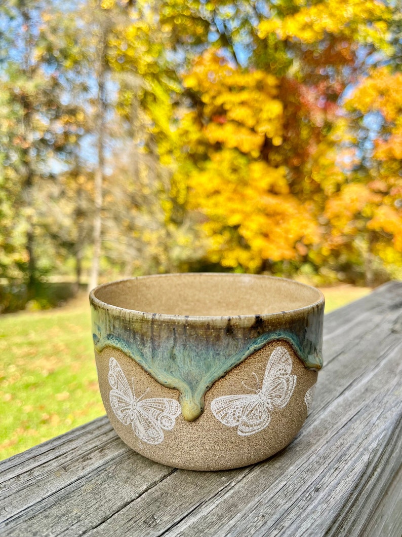 Turquoise Mint Bowl Butterfly Pottery Bowl 14.5 oz image 1