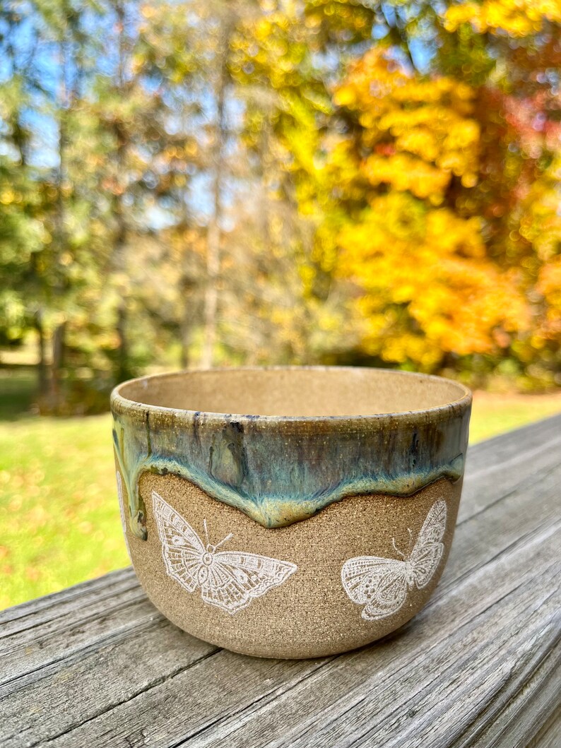 Turquoise Mint Bowl Butterfly Pottery Bowl 14.5 oz image 3