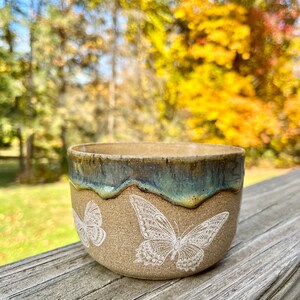 Turquoise Mint Bowl Butterfly Pottery Bowl 14.5 oz image 2