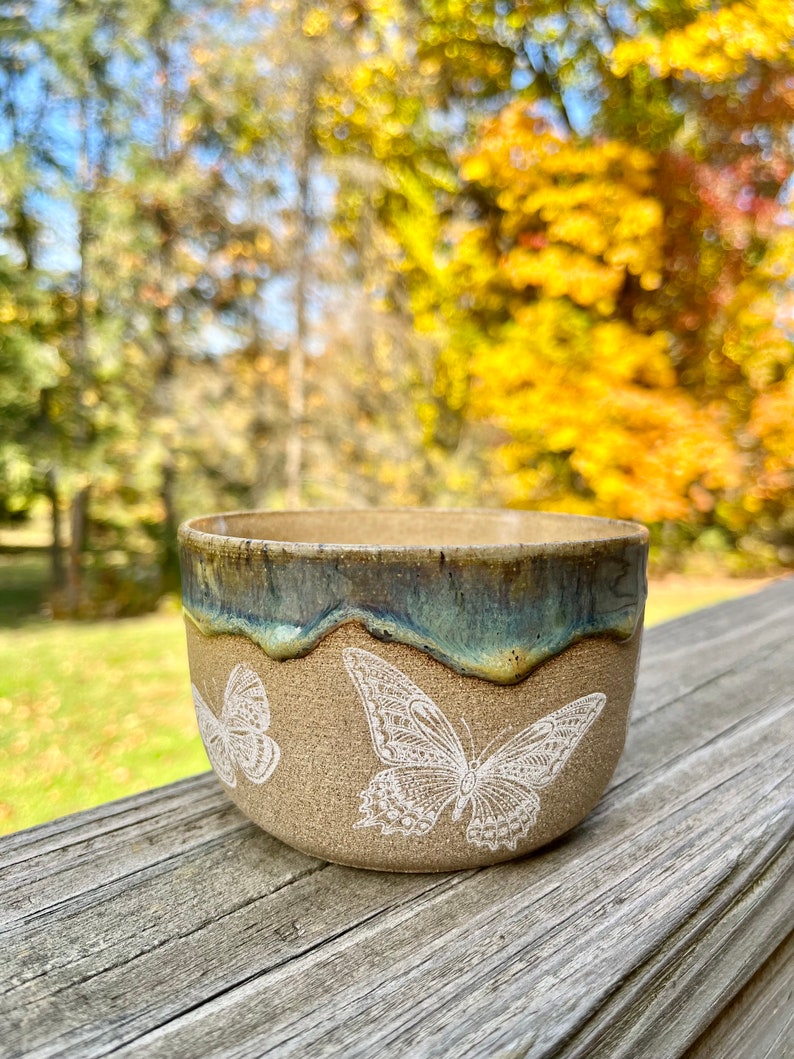 Turquoise Mint Bowl Butterfly Pottery Bowl 14.5 oz image 2