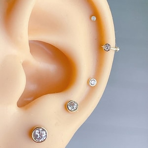 14K Solid Gold Bezel Cartilage Piercing CZ Bezel Screw Back Ball Piercing