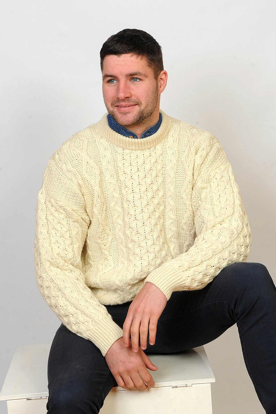 Mens Heavyweight Irish Aran Fisherman Sweater - Cream - Etsy
