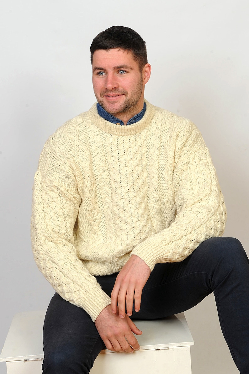 Mens Heavyweight Irish Aran Fisherman Sweater Cream Etsy