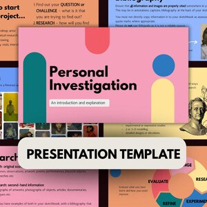 May include: A presentation template with the title "Personal Investigation: An introduction and explanation." The template is divided into sections with headings such as "Research", "Evaluate", "Refine", and "Experiment".