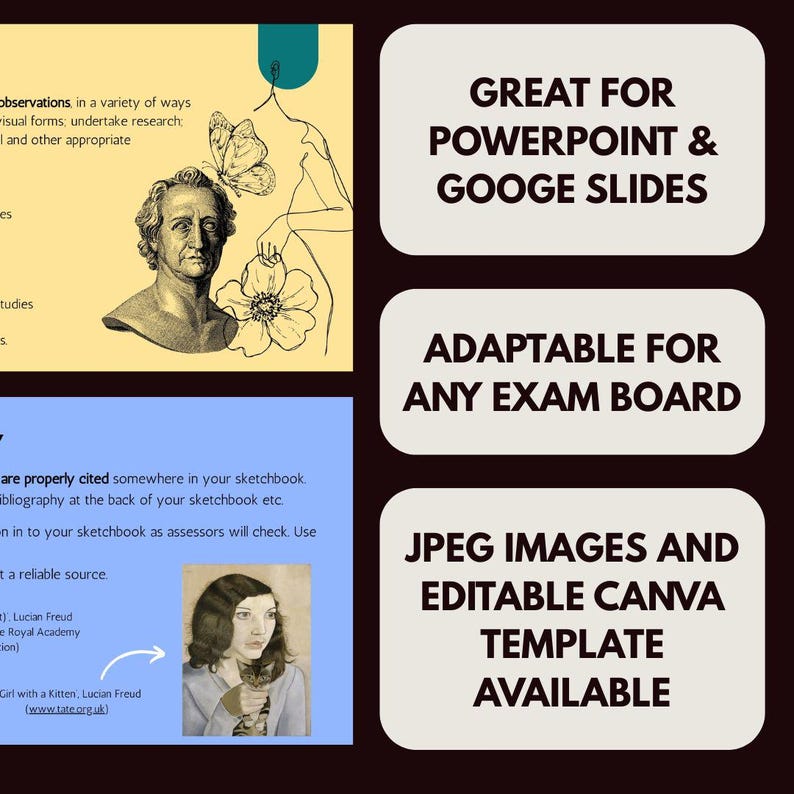 May include: A digital download of a printable template for a presentation. The template features a yellow background with black text that reads "Great for PowerPoint & Google Slides" and "Adaptable for any exam board". The template also features a black and white image of a butterfly and a flower.