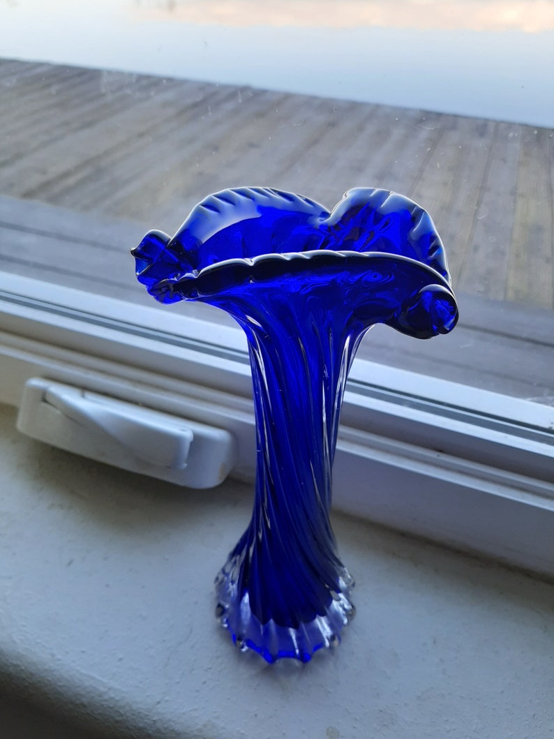 Cobalt Blue Ribbed Art Glass Vase with Scalloped Edge Etsy