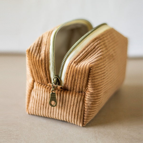 Burnt Orange Corduroy Zipper Bag - Boxy Bag- Makeup Pouch - Travel Bag