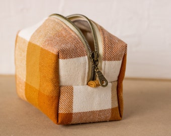 Orange Flannel Zipper Bag - Boxy Bag- Makeup Pouch - Travel Bag