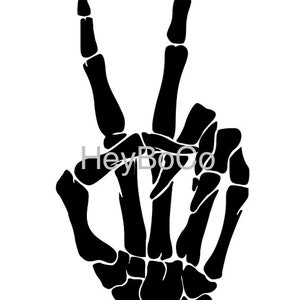May include: Black and white silhouette of a skeleton hand making the peace sign.