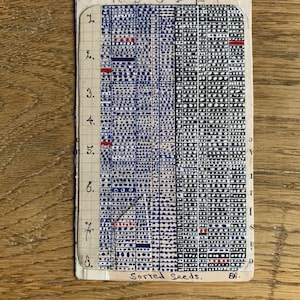 Op de afbeelding: Oude indexkaart met een rasterpatroon, met blauwe en zwarte stippen en lijnen, en rode accenten. De kaart is gemarkeerd met letters en cijfers, en de tekst "Sorted Seeds" is zichtbaar. Op een houten oppervlak.