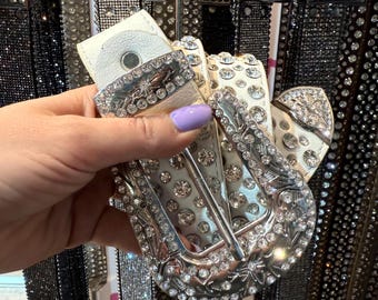 Genuine leather belt with rhinestone studs – white | 4 cm wide | Nickel-free | Handmade in Western style