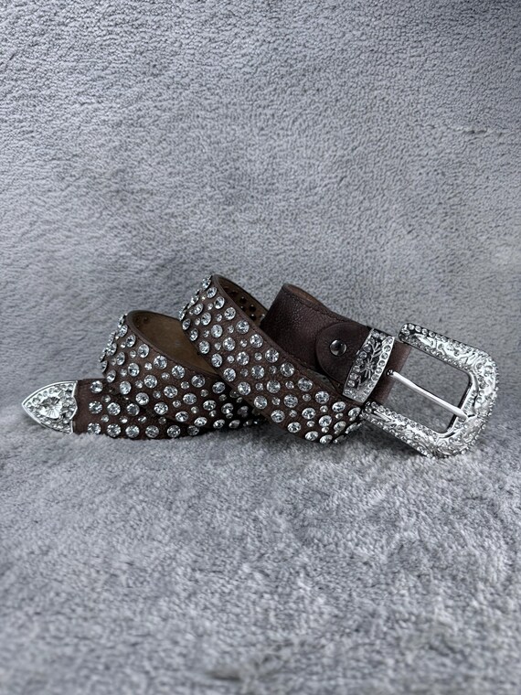 Genuine Leather Belt With Rhinestone Studs – Vintage Brown  display picture 1