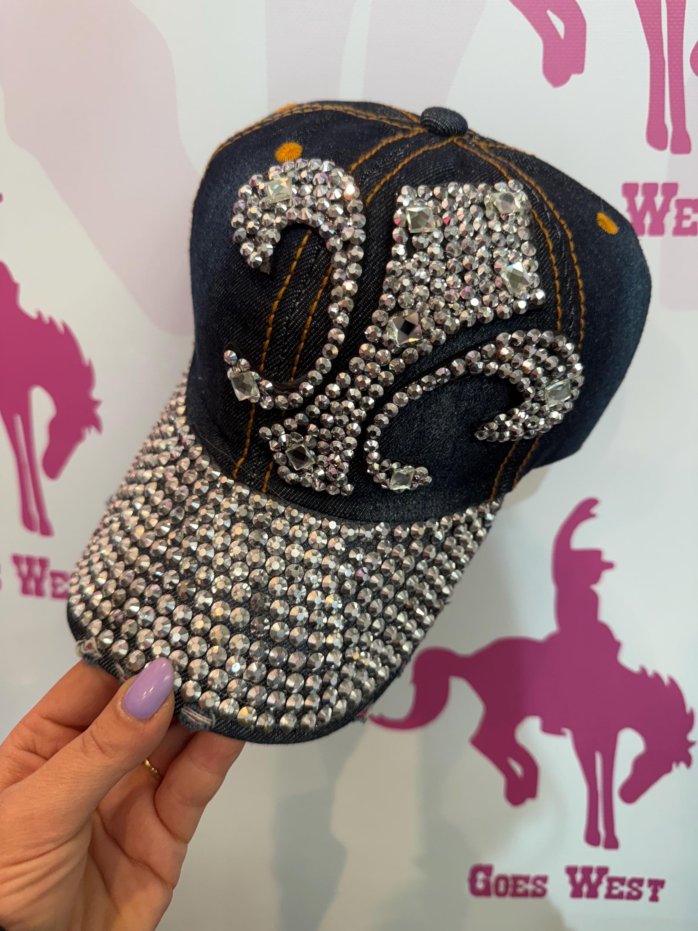 Dark Denim Cap with Rhinestone Embellishments Ruby Crystal Rhinestone Embellished Fleur-de-Lis Denim Cap  main image 3