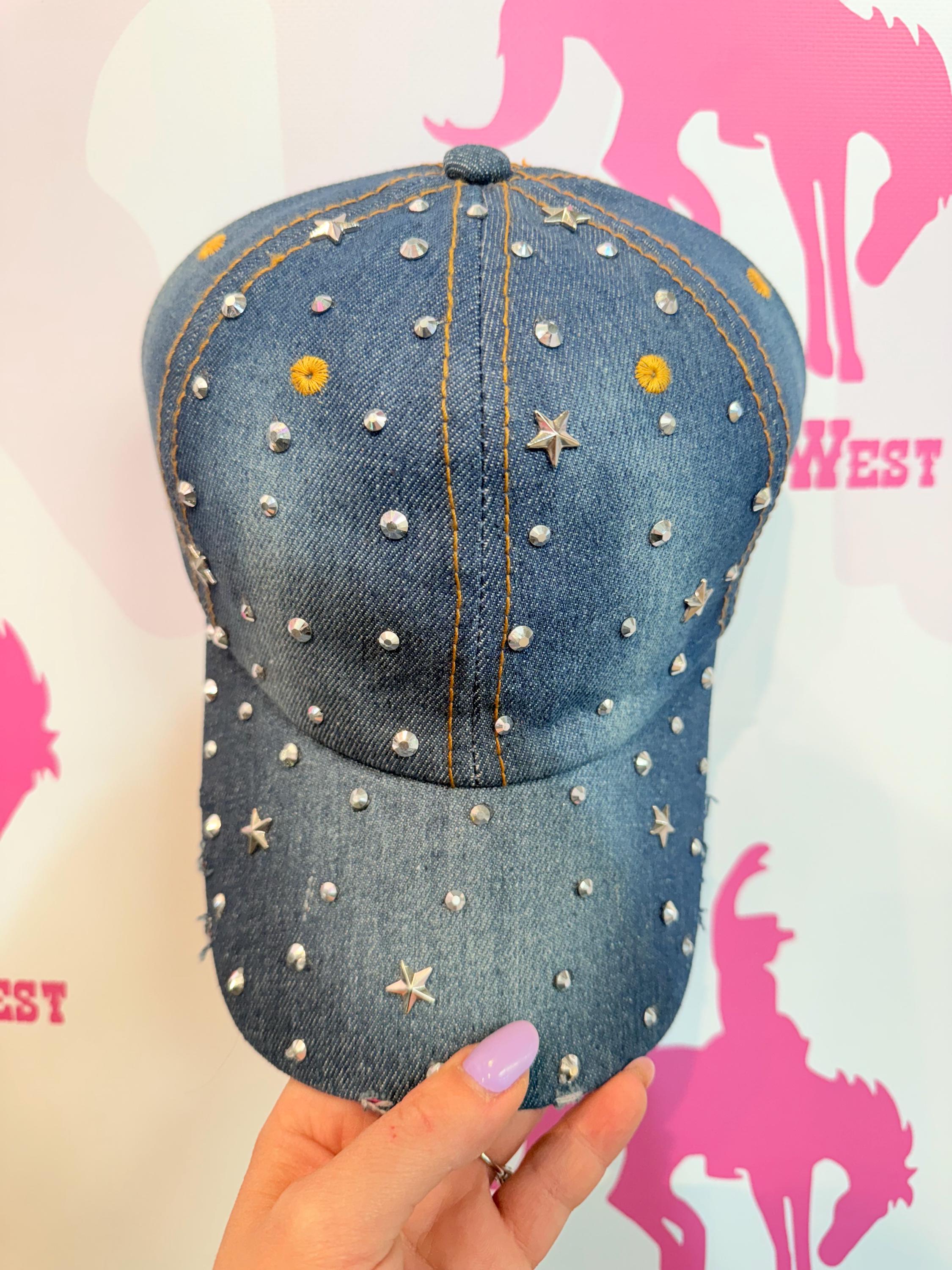 Denim Rhinestone Star Baseball Cap Blue Adjustable Bling Hat Women Generic New York Bling Hat for Women, Dazzling Rhinestone  main image 4