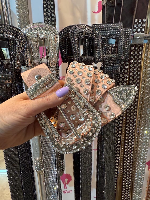 Genuine Leather Belt With Rhinestone Studs – Pink | 4 Cm  display picture 2