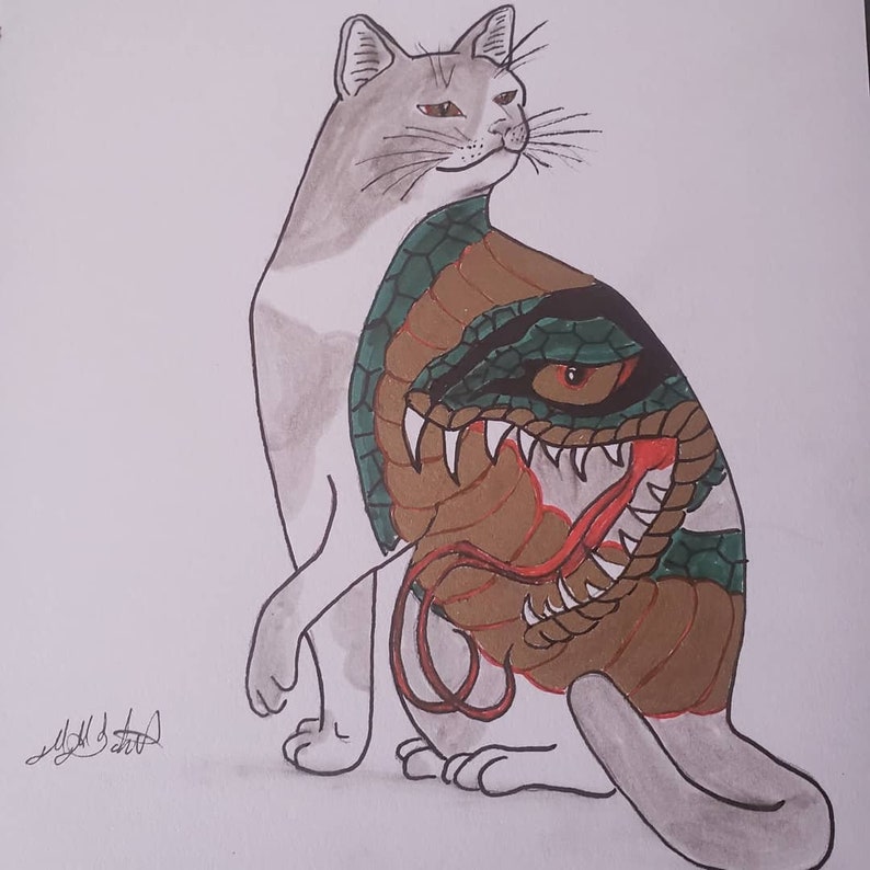 Mon Mon Cat Snake Tattoo Design Drawing Illustration Art Collectibles Lotusresort In Mon Mon Cat Snake Tattoo Design Drawing Illustration Art Collectibles Lotusresort In